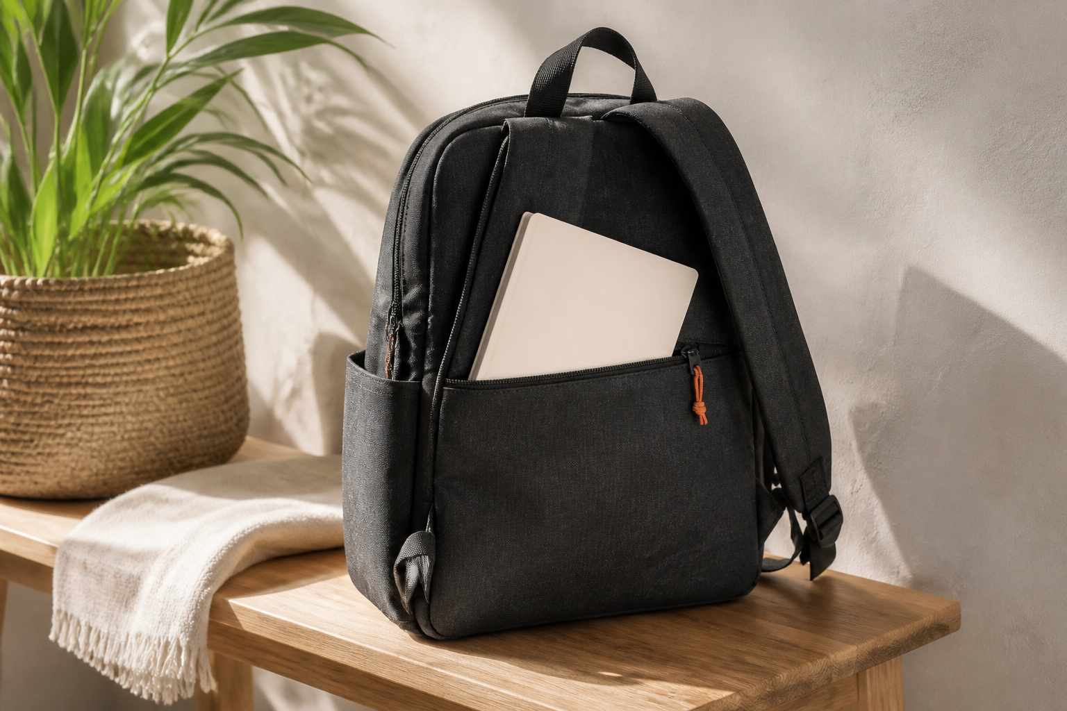 Landscape 3:2 realistic lifestyle detail photograph of an unbranded charcoal canvas backpack resting on a pale oak entry