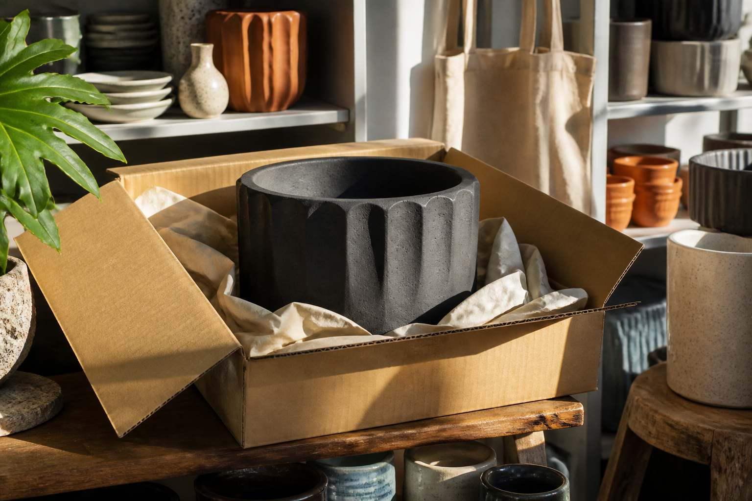 Landscape 3:2 realistic editorial photograph in a sunlit Scandinavian homewares shop: a large charcoal ceramic planter b