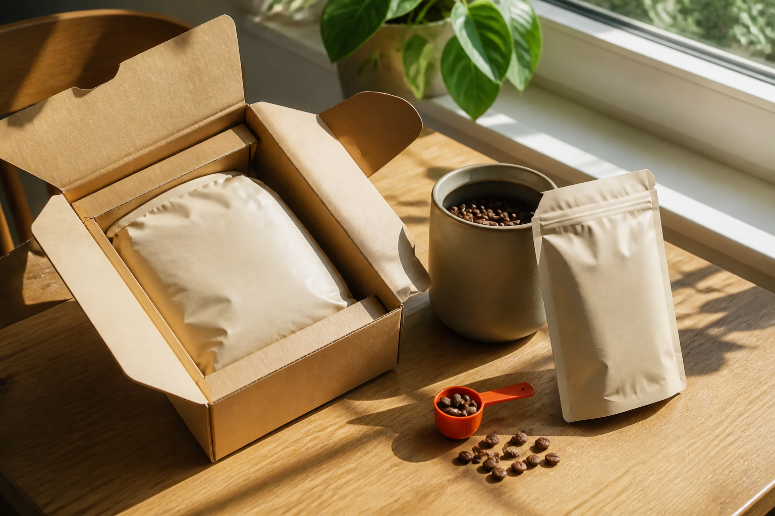Landscape 3:2 editorial photograph of an open subscription delivery carton on a sunlit kitchen table, a large unbranded