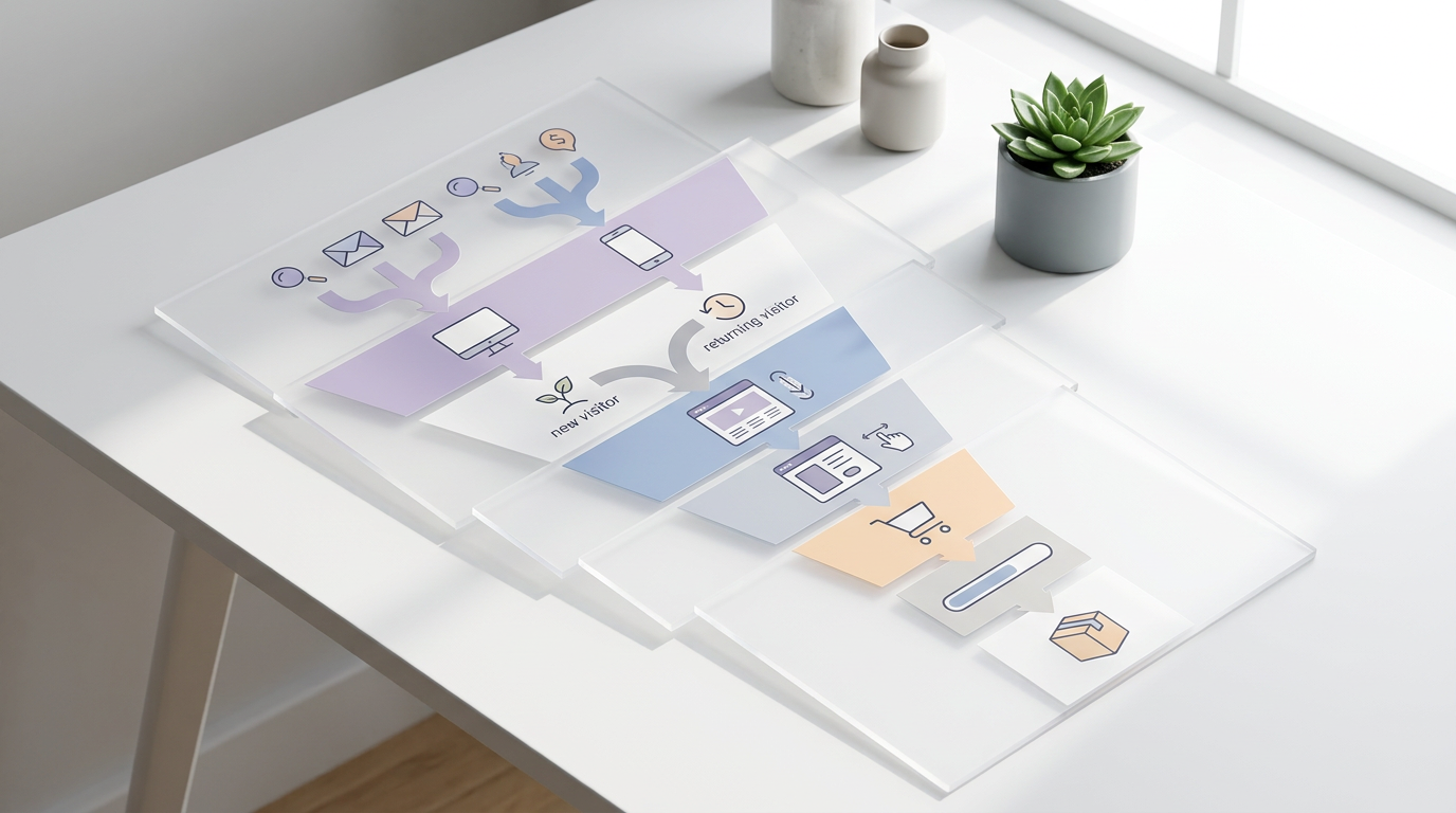 Clean editorial infographic showing a segmented ecommerce funnel from source and landing page through product view, cart