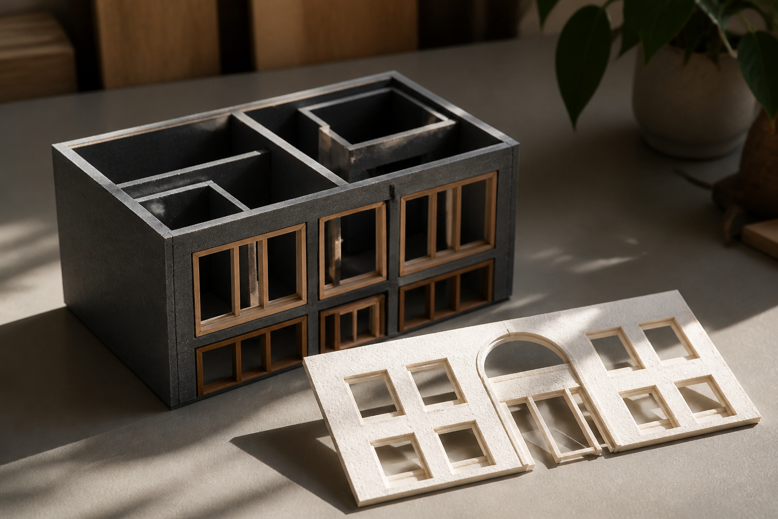 Landscape 3:2 realistic editorial still life of a single architectural shop model with a removable facade, its charcoal