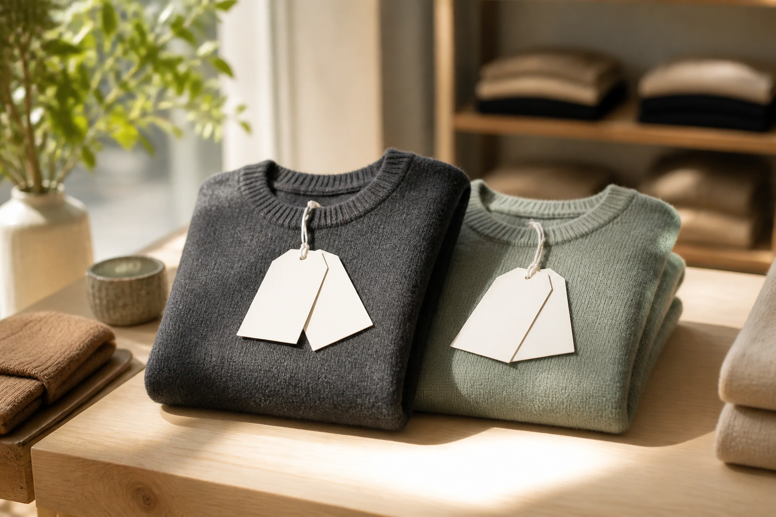 Landscape 3:2 realistic lifestyle product photograph of two folded cotton sweaters, one charcoal and one muted sage, on