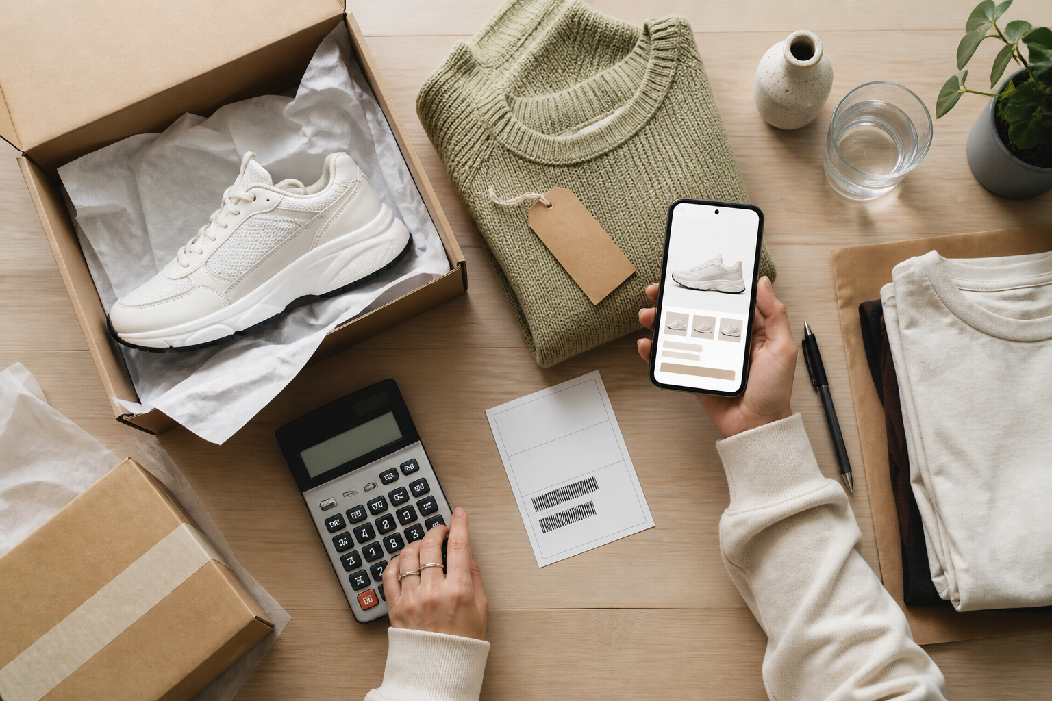 Overhead editorial photo of a mixed ecommerce fulfilment table with a new sneaker, a tagged second-hand garment, smartph