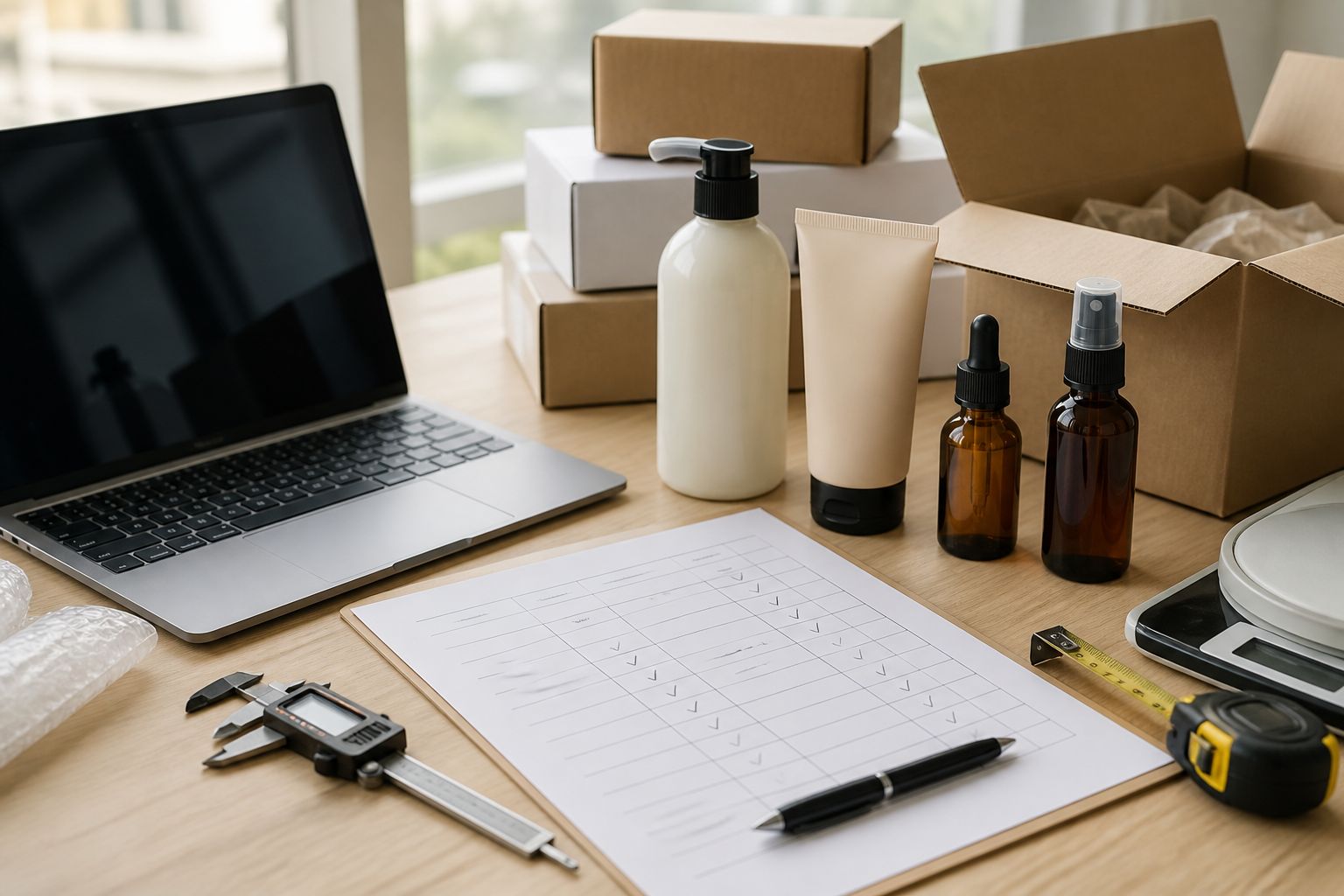 Realistic photograph of a laptop beside several retail products, measuring tools and a printed comparison checklist with