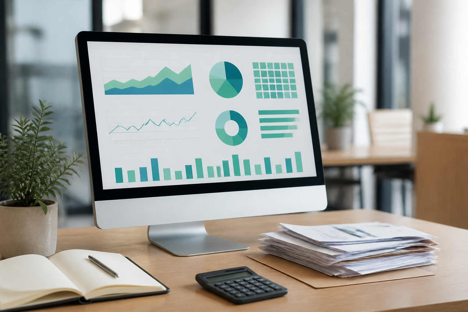 Realistic people-free photograph of a desktop monitor displaying an abstract market profitability dashboard with charts,