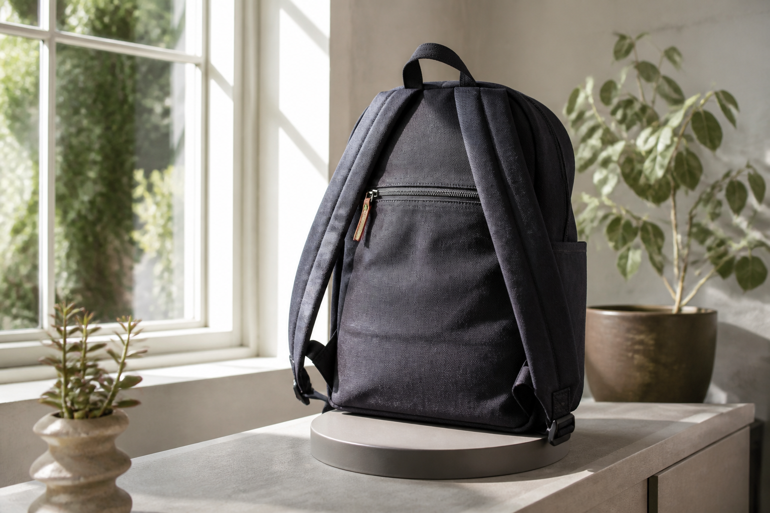Landscape 3:2 realistic editorial product photograph of an unbranded charcoal canvas backpack on a compact physical rota
