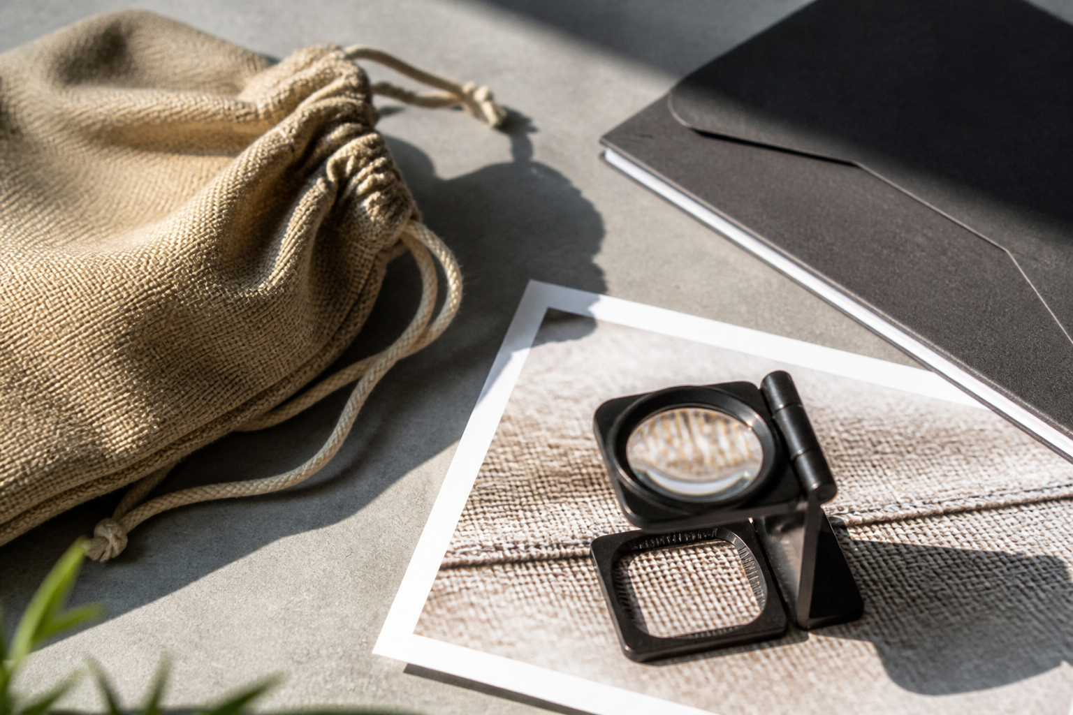 Landscape 3:2 close editorial photograph of a product-image quality review in a sunlit studio. A generic unbranded linen