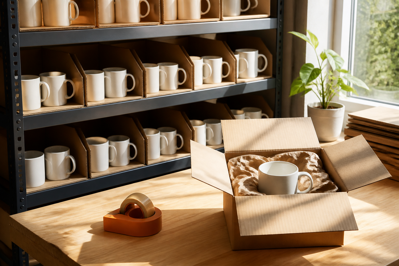 Landscape 3:2 realistic editorial photograph of an orderly homewares stockroom shelf beside a sunlit packing bench, natu