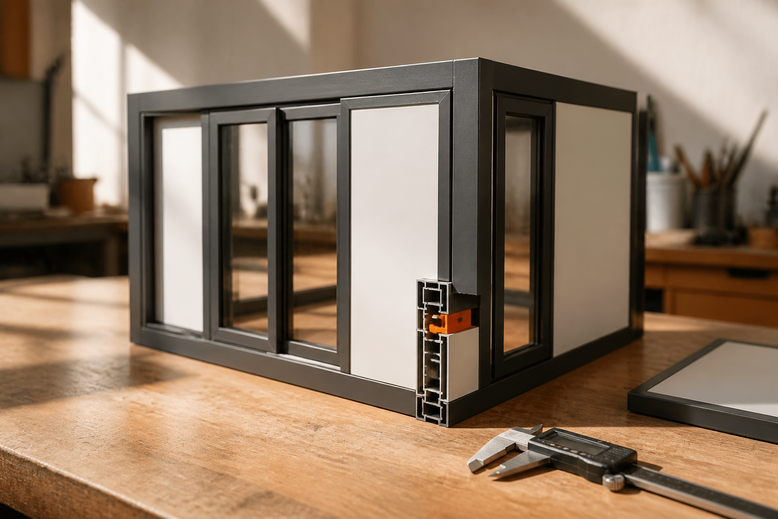 Landscape 3:2 editorial photograph of a compact modular storefront model assembled on a sunlit workshop table, one small