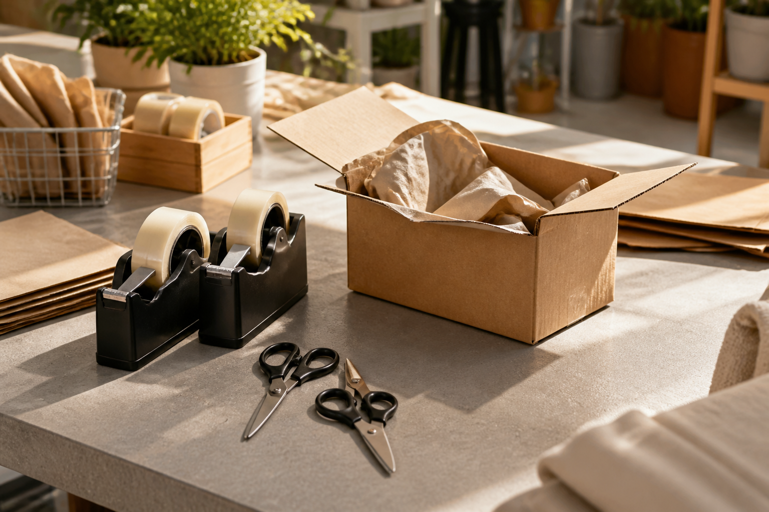 Landscape 3:2 realistic editorial still life of an ecommerce packing workstation with duplicate tools arranged by functi