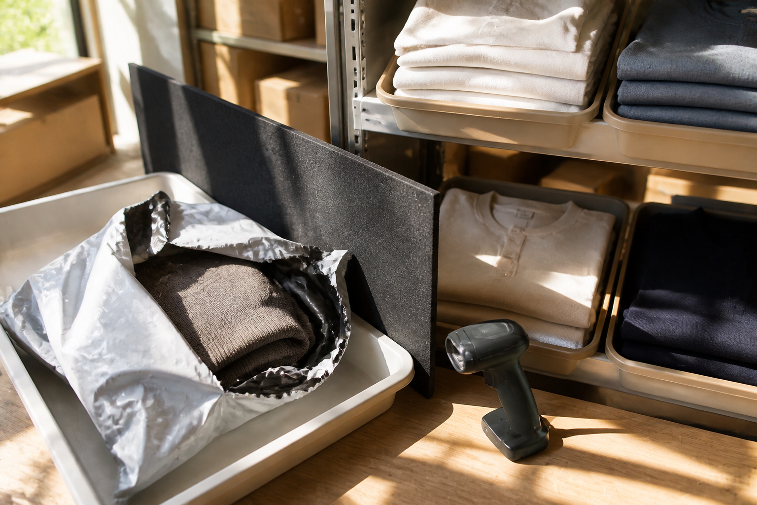 Landscape 3:2 realistic editorial still life in a sunlit stockroom: adjacent shallow containers hold folded unbranded te