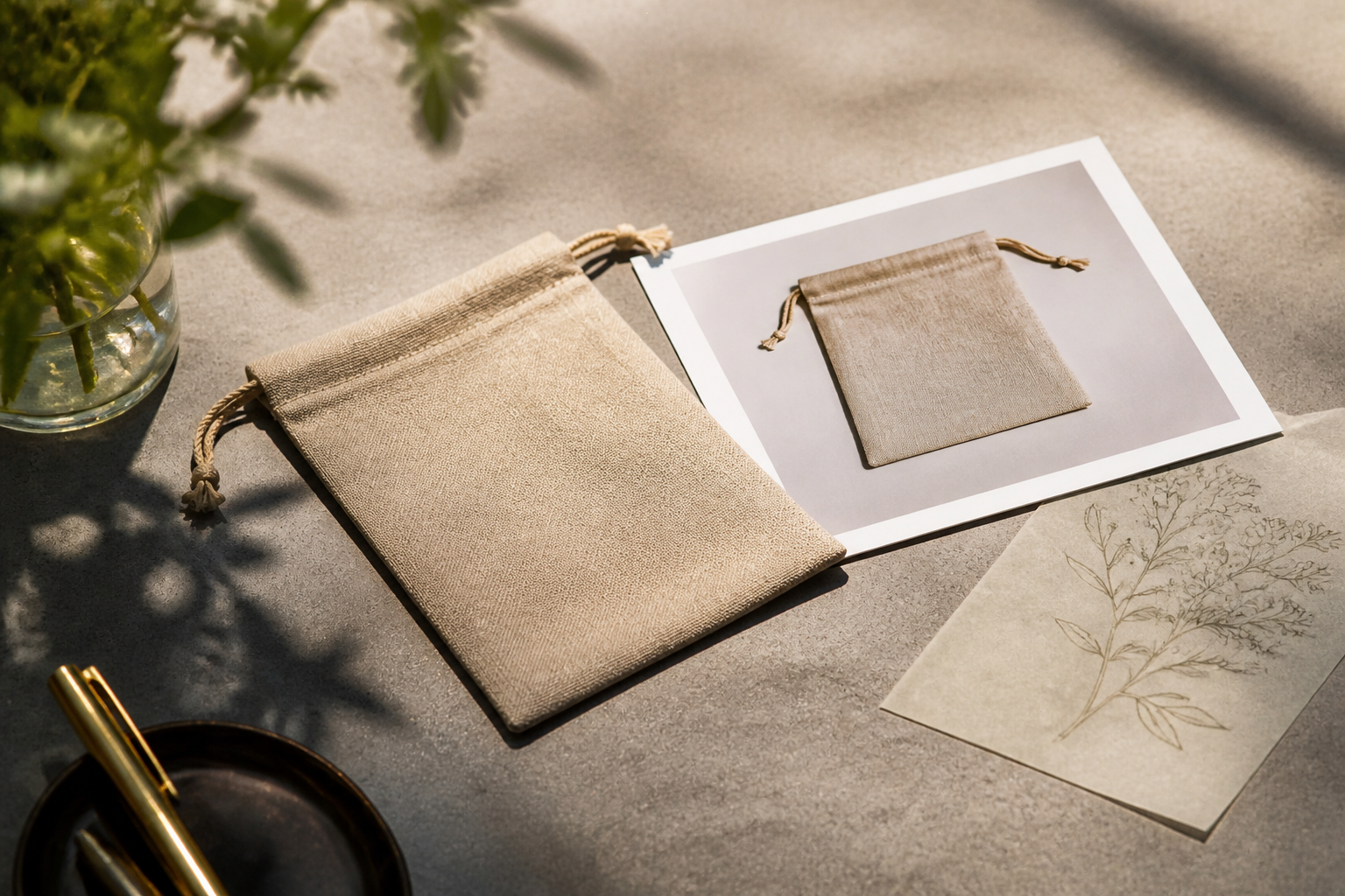 Landscape 3:2 realistic editorial still life on a warm-grey studio workbench in natural sunlight. A plain unbranded line