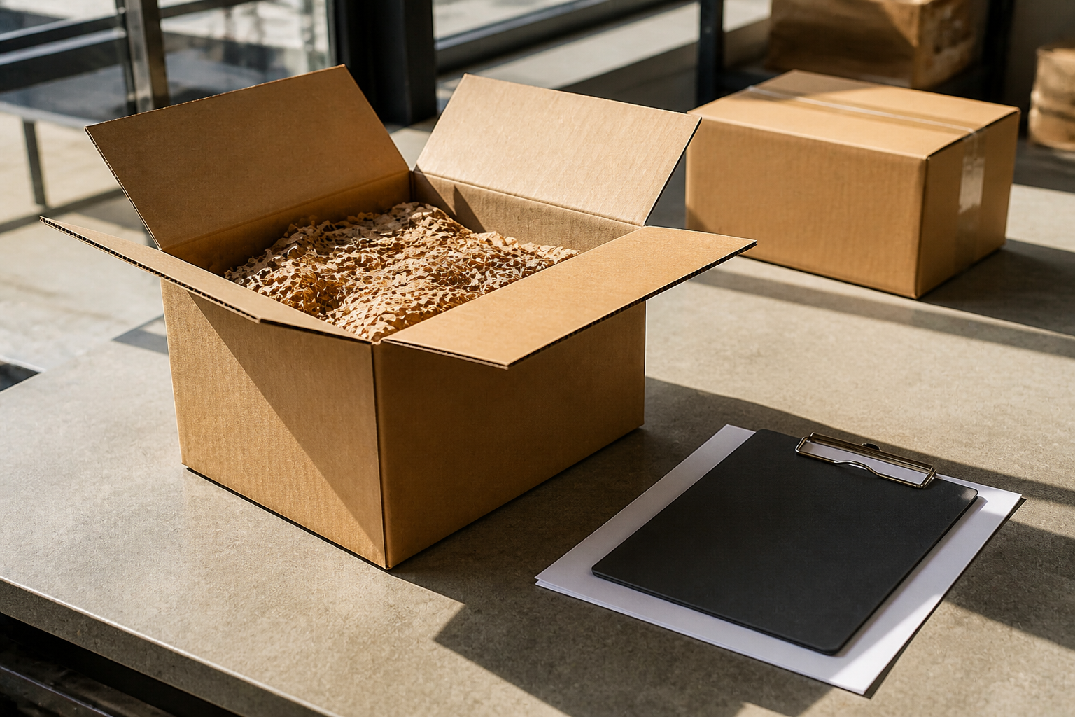 Landscape 3:2 realistic editorial still life of an open shipping carton on a sunlit warm-grey dispatch bench, plain fold