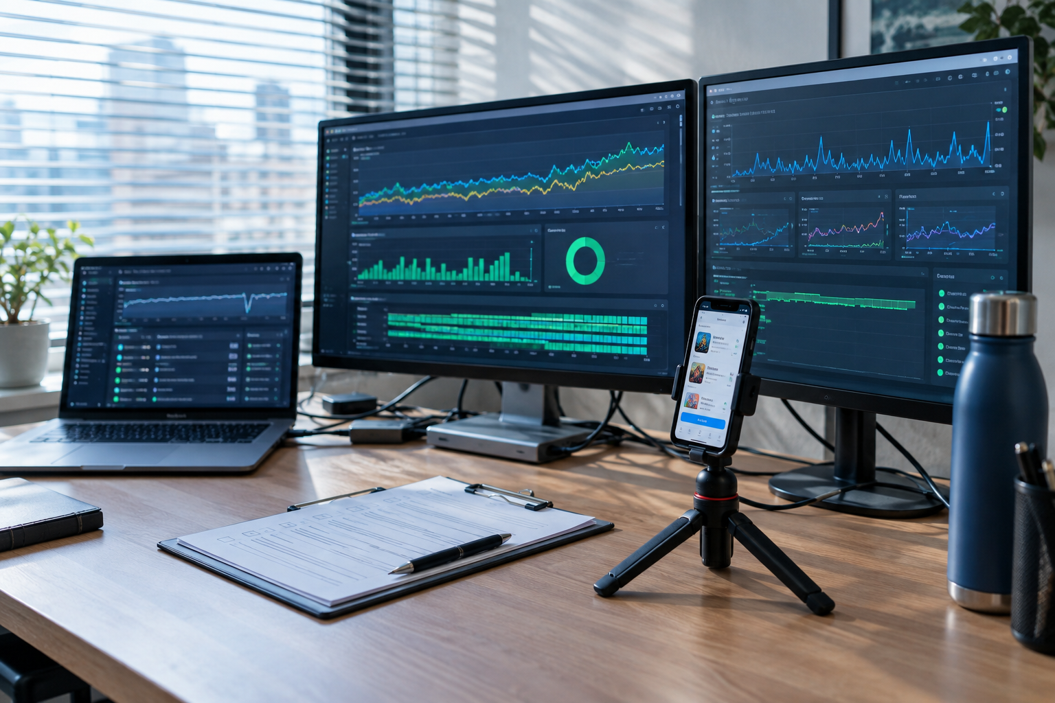 Launch-day operations desk with monitoring screens, mobile storefront tests, inventory chart and incident checklist, eco