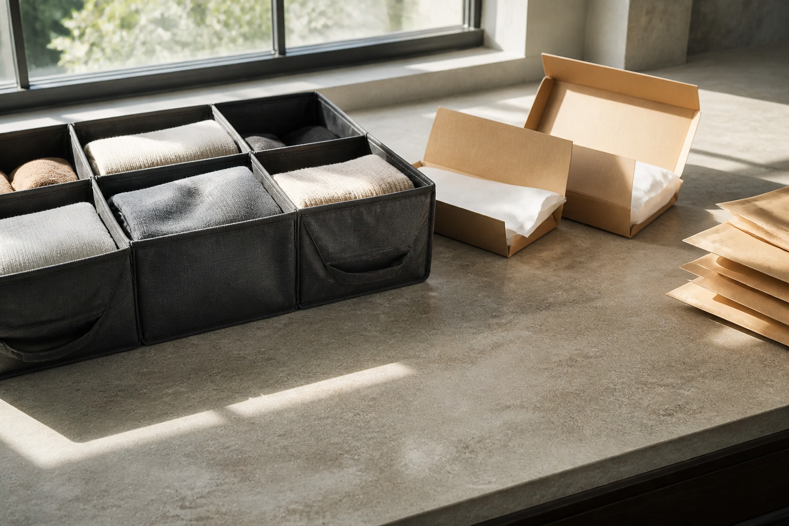 Landscape 3:2 realistic editorial photograph of a compact sunlit fulfillment bench with a charcoal compartmented picking