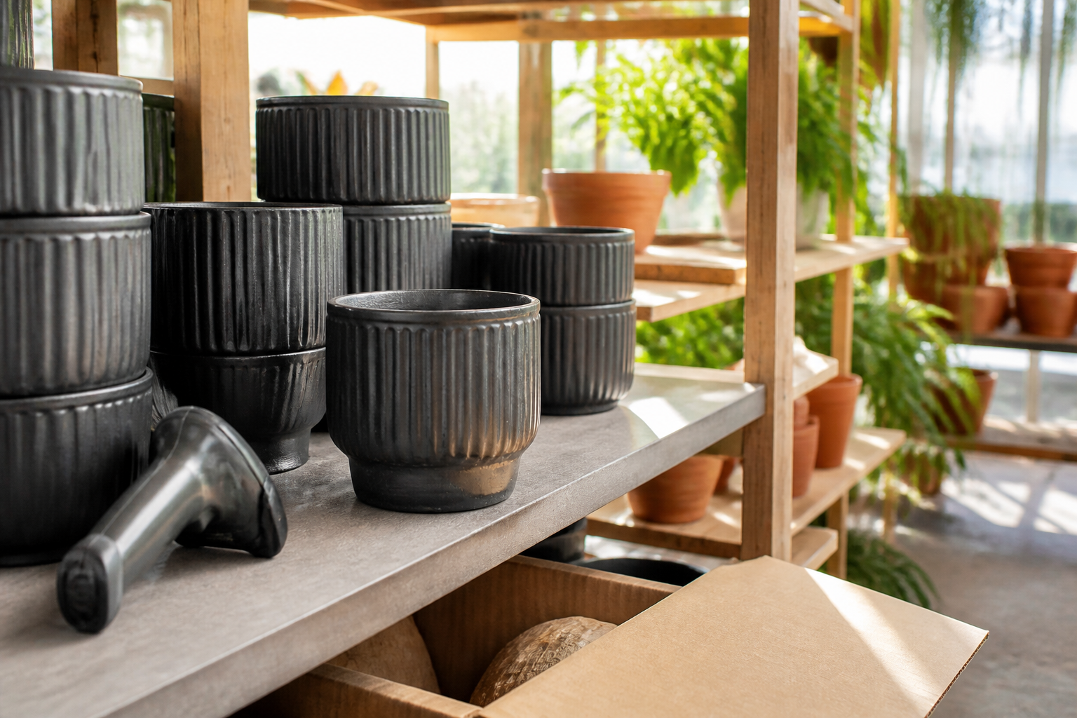Landscape 3:2 realistic editorial photograph of a tidy homewares stockroom adjoining a bright shop floor. Matching charc