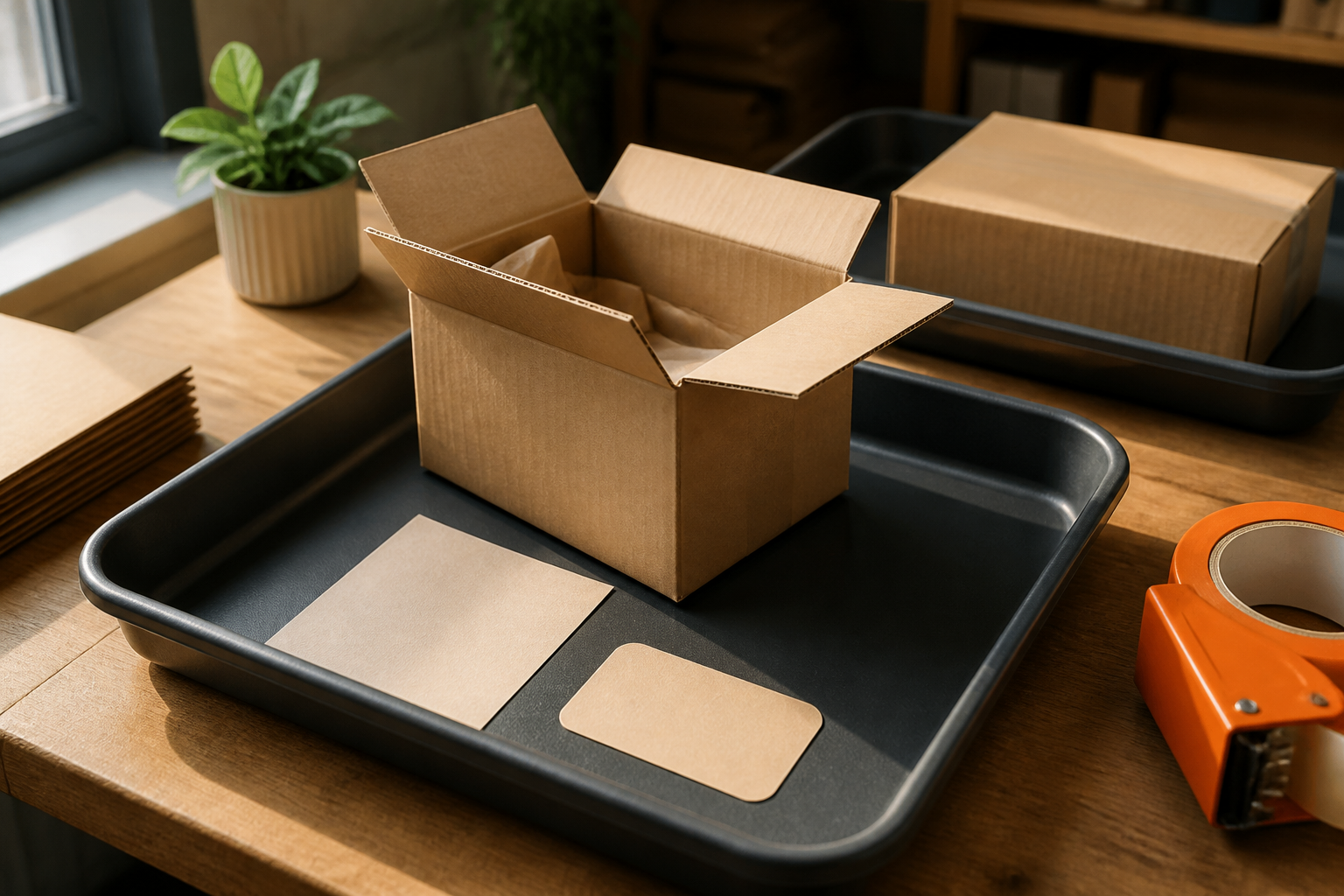 Välorganiserad packbänk för e-handel i dagsljus med en öppen kraftpåse och utskrivna etiketter