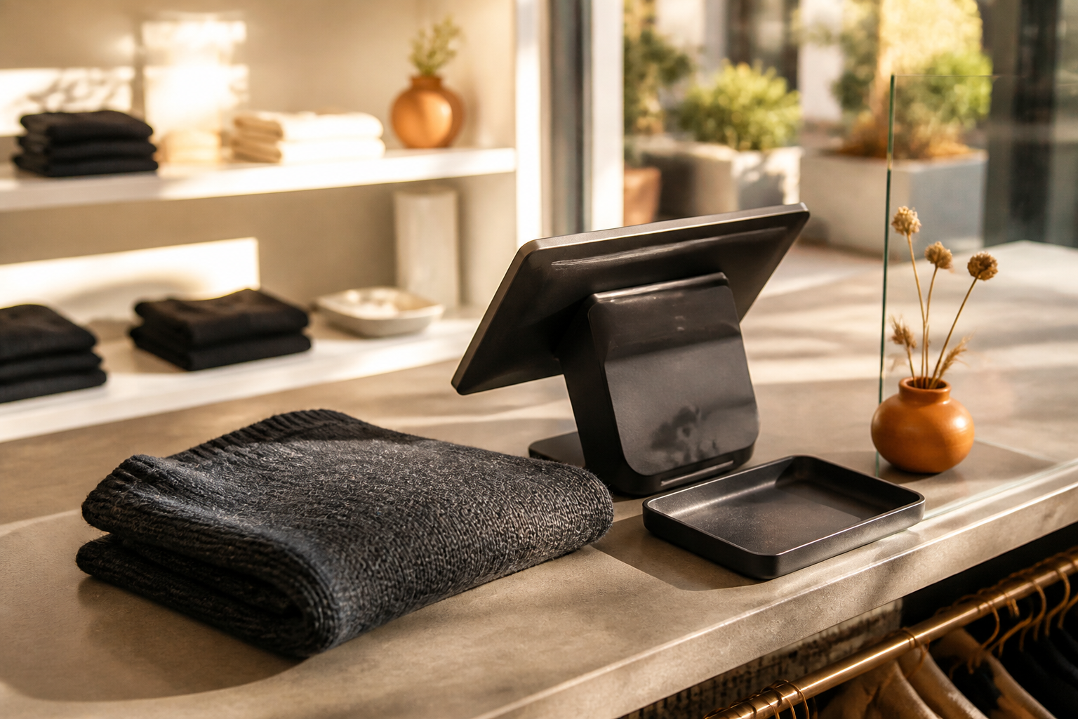 Landscape 3:2 realistic editorial photograph of a small sunlit retail checkout ready for a transaction, a folded charcoa
