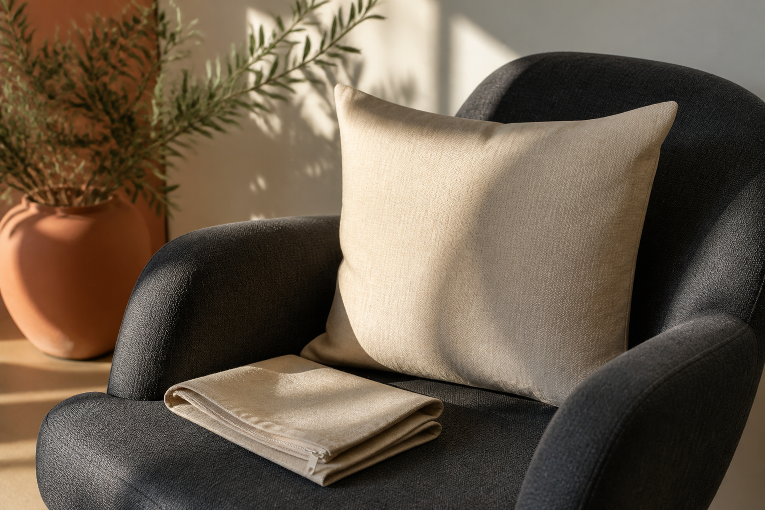Landscape 3:2 realistic lifestyle photograph of a linen cushion cover fitted onto a cushion on a charcoal armchair, with