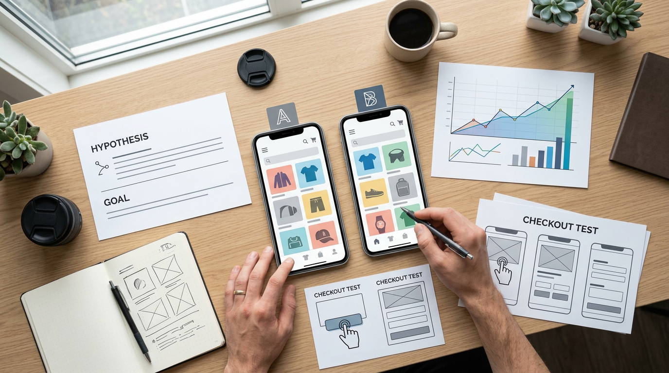 Top-down experimentation workspace with mobile storefront screens, hypothesis cards, analytics charts and checkout test