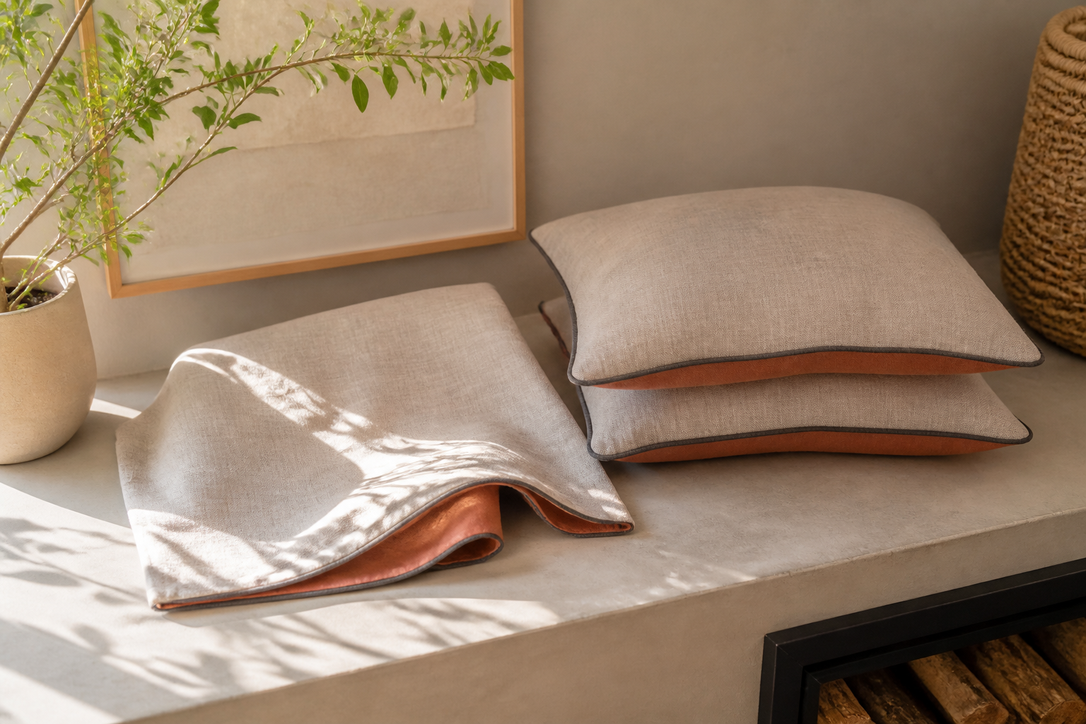 Landscape 3:2 realistic editorial photograph of a homewares collection arranged on a sunlit warm-grey console: one natur