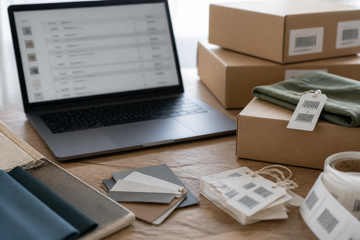Realistic close-up photograph of product packaging, barcode tags, material swatches and a laptop displaying generic stru