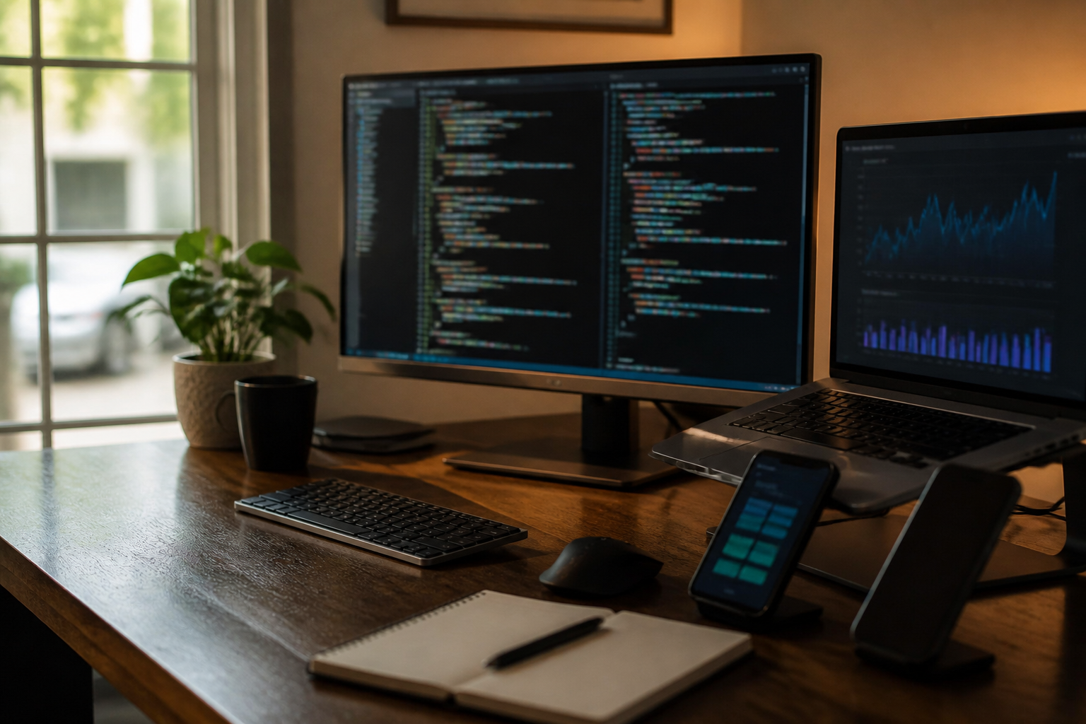 Documentary-style close-up of a developer workspace with a monitor showing side-by-side code differences and a second sc