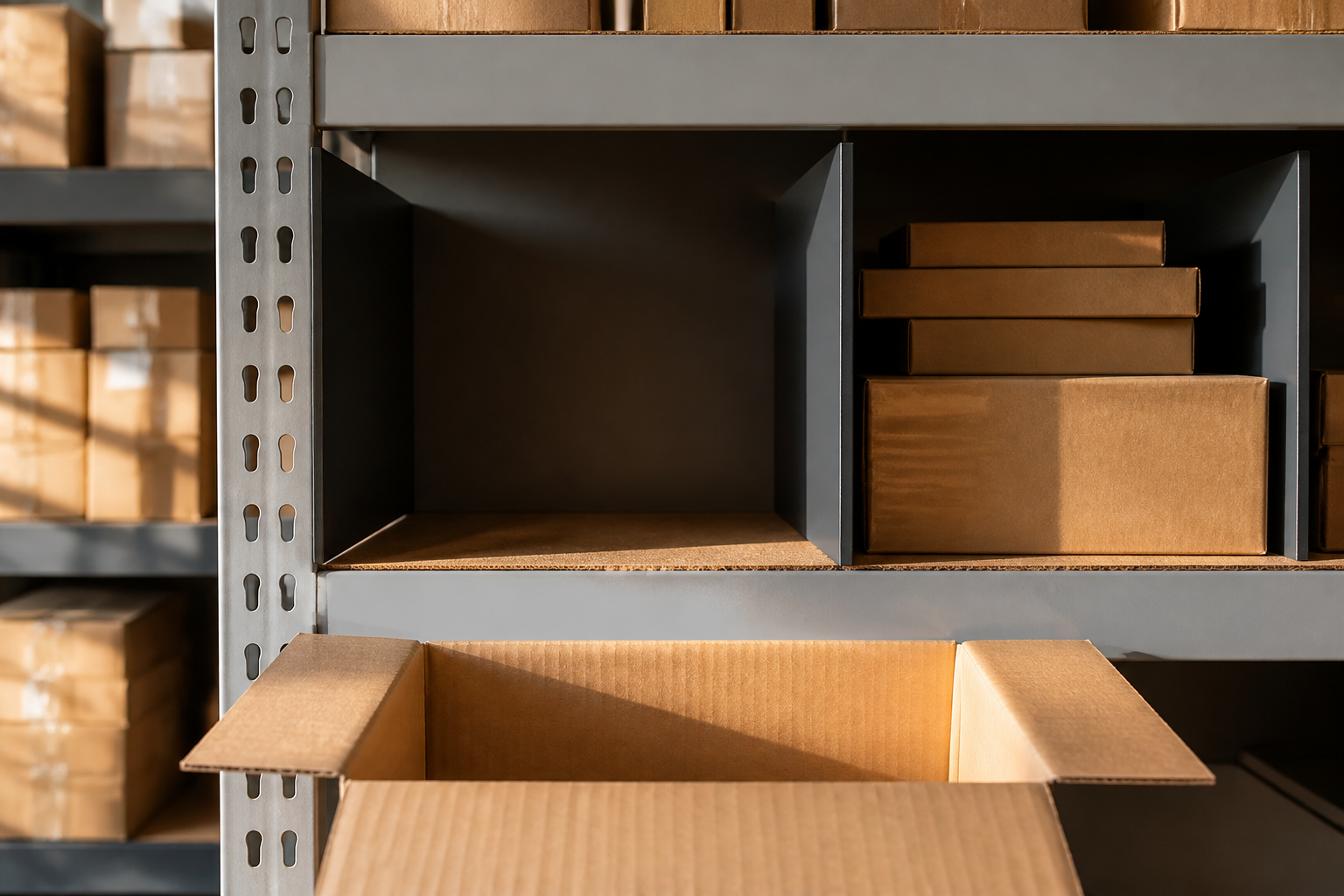 Landscape 3:2 editorial photograph of a warehouse picking shelf with an empty central compartment beside a stocked compa