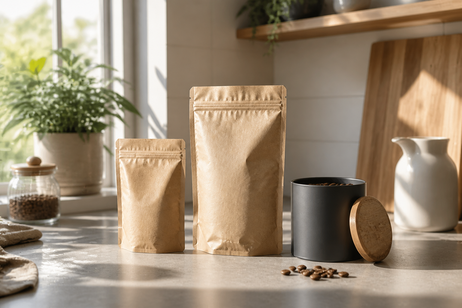Landscape 3:2 realistic lifestyle photograph of a coffee refill size swap on a sunlit warm-grey kitchen counter: a small