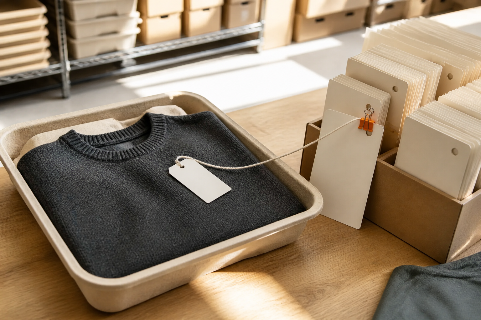 Landscape 3:2 realistic editorial photograph of a sunlit retail stockroom workbench, a charcoal cotton sweater in an ope