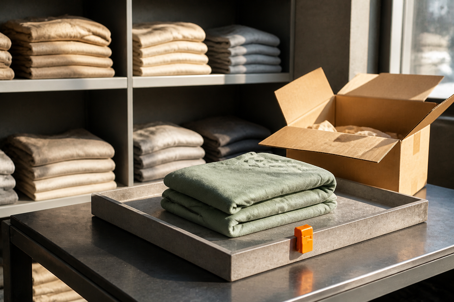 Landscape 3:2 editorial photograph of a stock reconciliation area: matching unbranded folded textiles occupy a shelf com