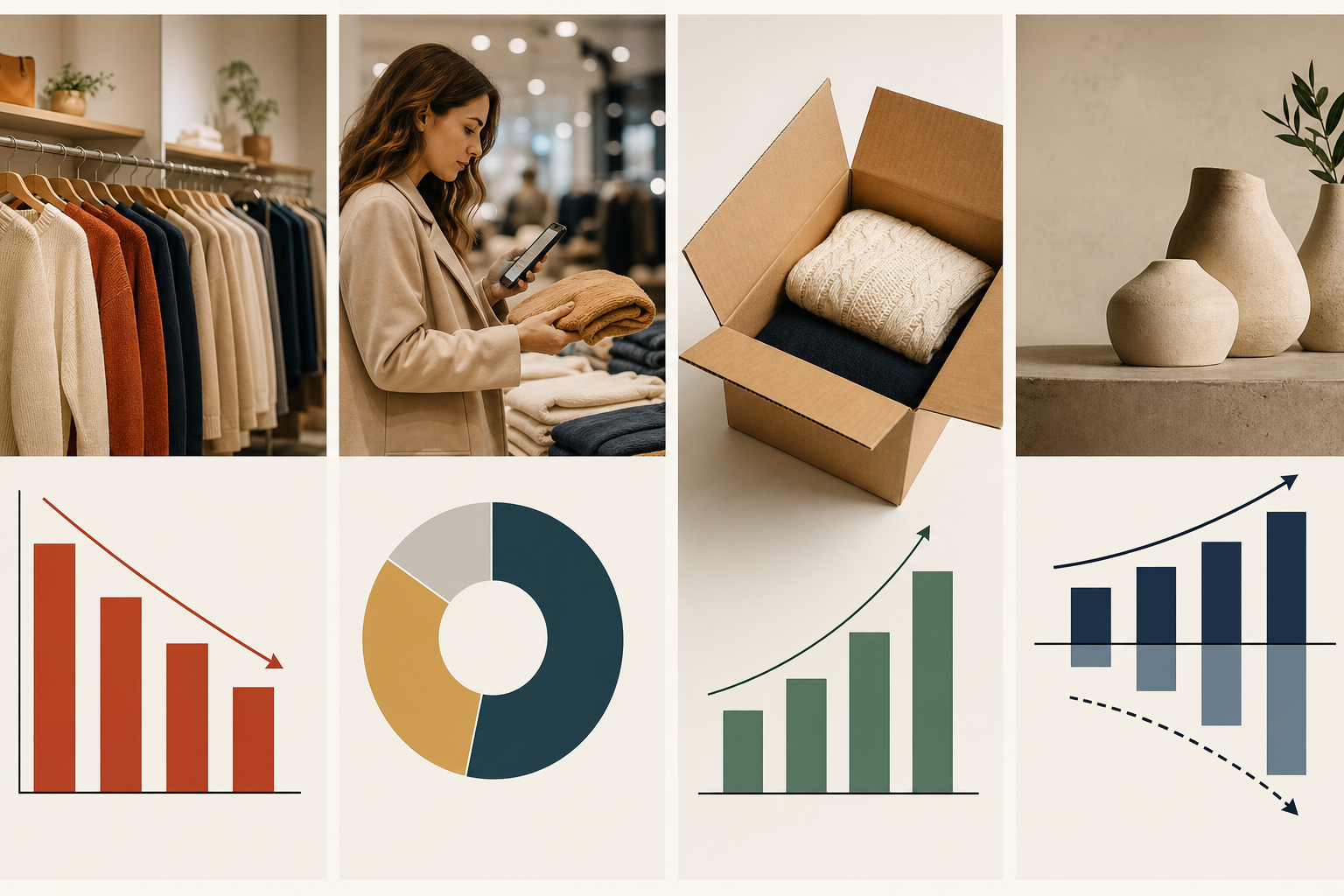 Clean editorial data visualization comparing four retail signals: regional fashion sales decline, holiday shopper compar