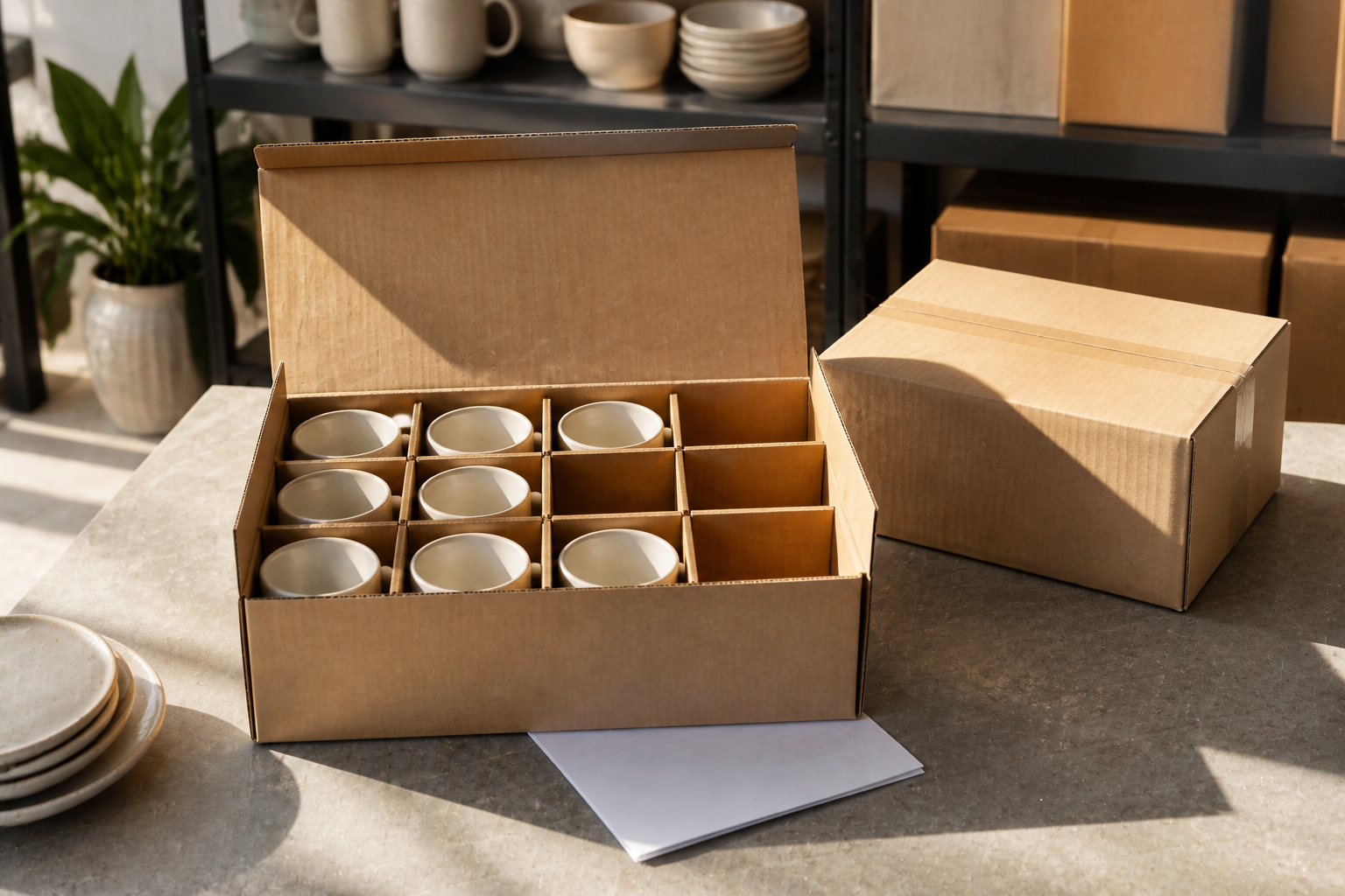 Landscape 3:2 realistic editorial photograph of ceramic mugs arriving at a small homewares stockroom, an open divided ca