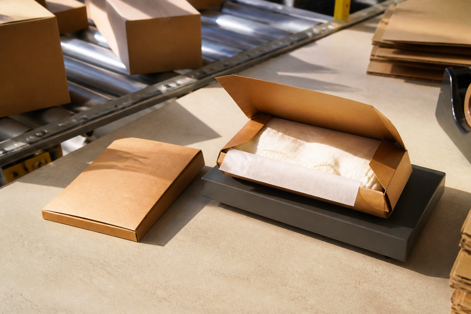Packbänk med en öppen kraftpåse och en fraktetikett, som illustrerar automatiserade etikettköp i Shopify