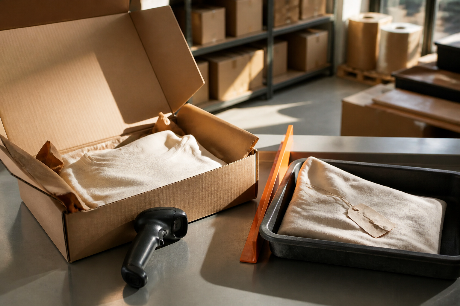 Landscape 3:2 close editorial photograph of a packing exception area in a sunlit small warehouse: an open kraft parcel w