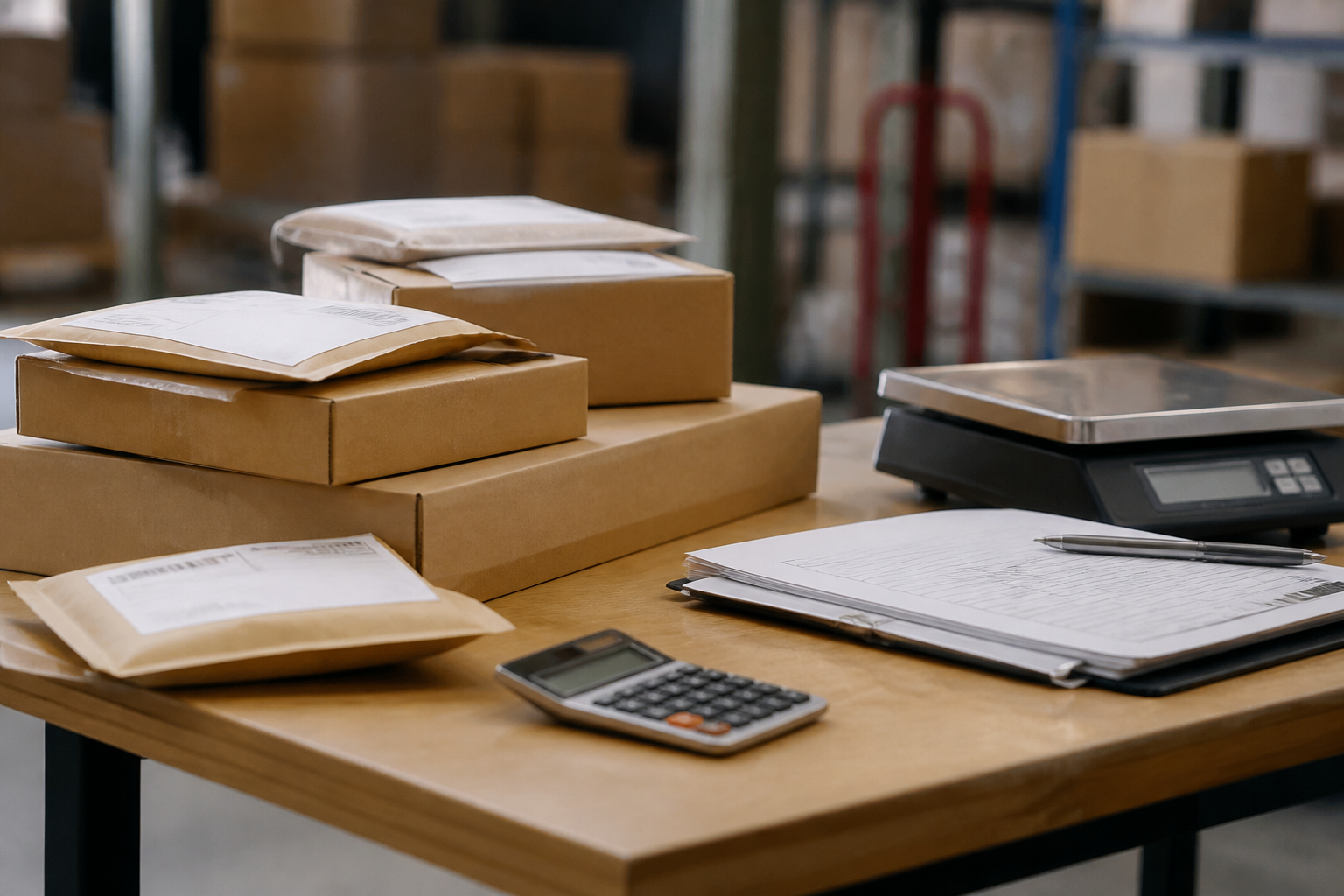 Realistic people-free photograph of international ecommerce parcels on a packing bench with customs forms, shipping labe