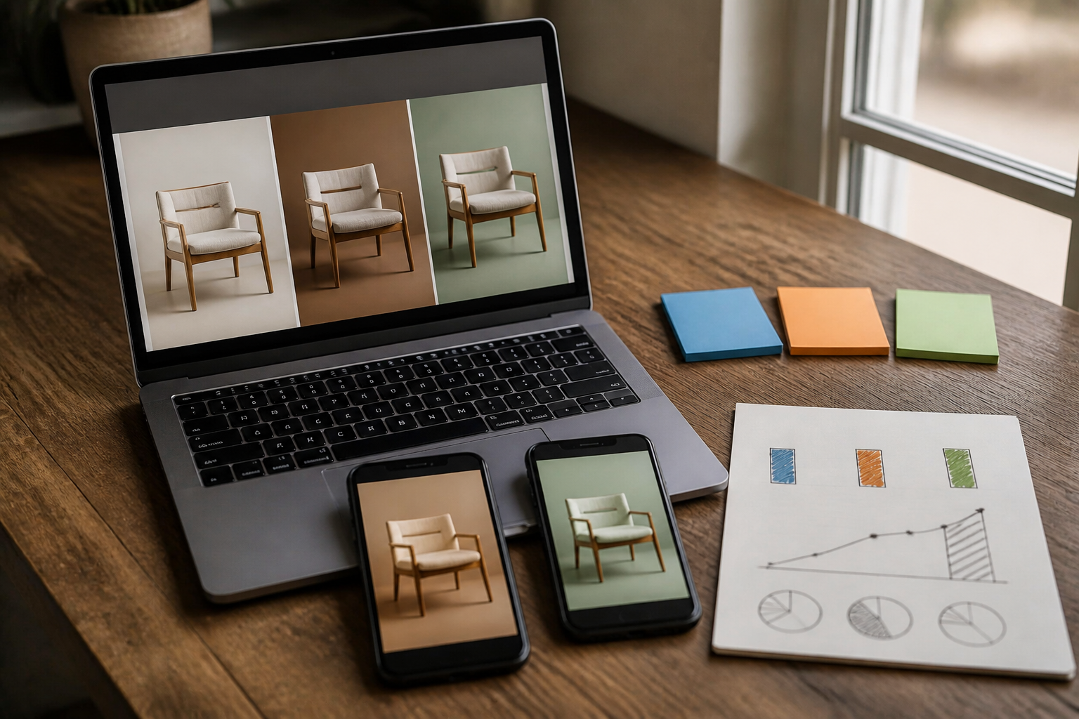 Realistic photograph of a laptop and two smartphones on a clean testing bench, each showing visually different versions 