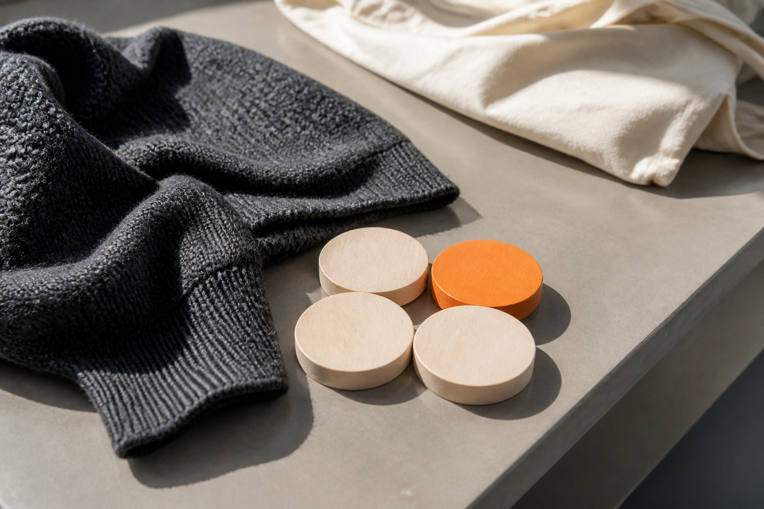 Landscape 3:2 realistic physical still life on a sunlit warm-grey retail counter: a charcoal knit garment beside four eq