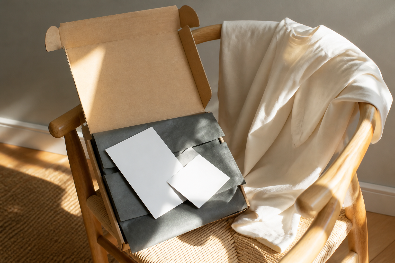 Landscape 3:2 realistic lifestyle photograph of an unpacked natural-white cotton garment draped over a pale oak chair be